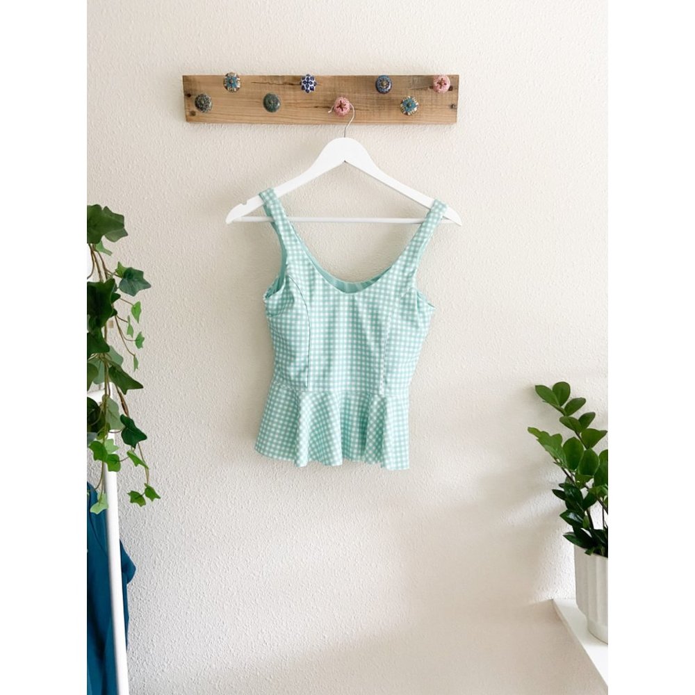 Albion | Green & White Gingham Crop Peplum Top Women's Sz S Pullover Sleeveless